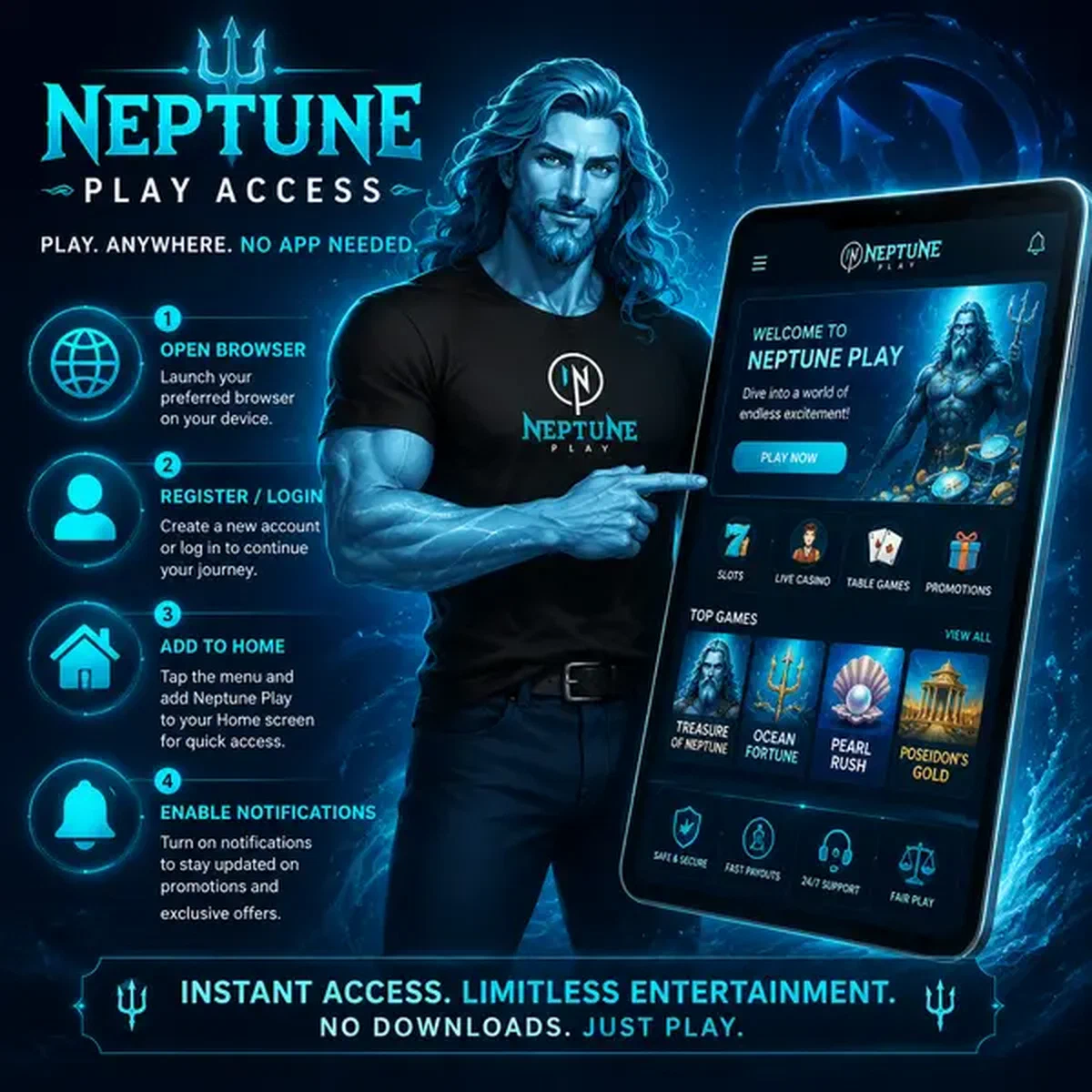Neptune commanding sea god gestures toward Neptune Play App Download interface on glowing tablet