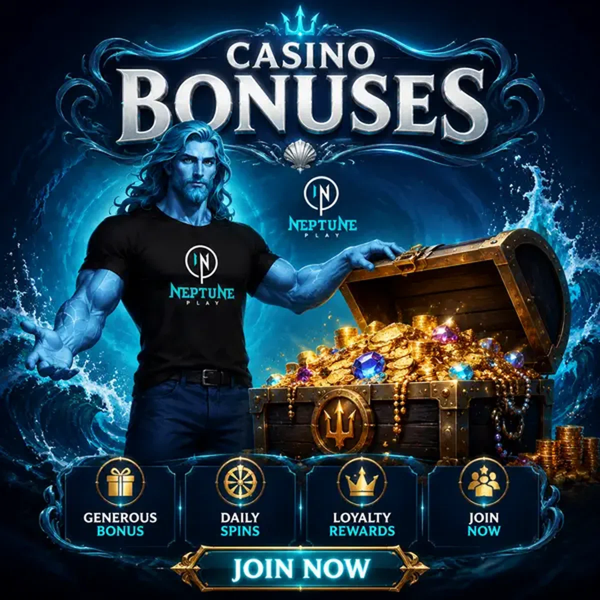 Neptune Play Casino bonus treasure chest overflowing with golden coins and jewels