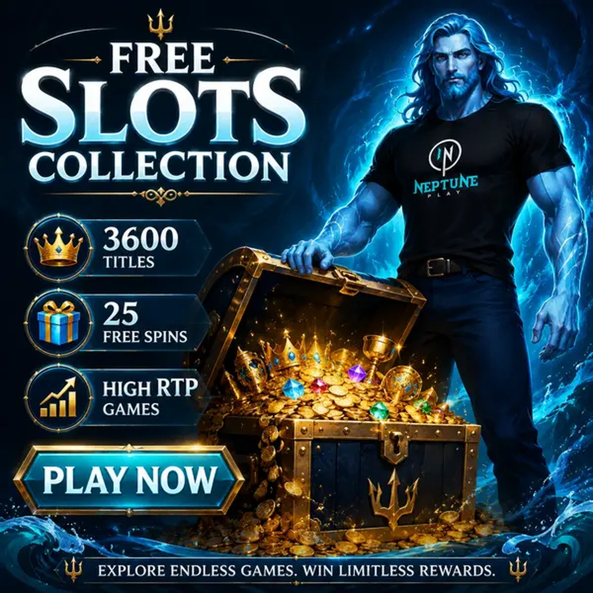 Neptune Play Free Slots Collection treasure chest overflowing with golden slot games and jackpot coins