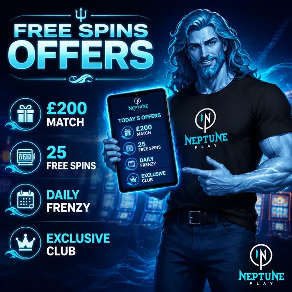 Neptune Play commanding digital tablet displaying free spins offers in electric casino atmosphere
