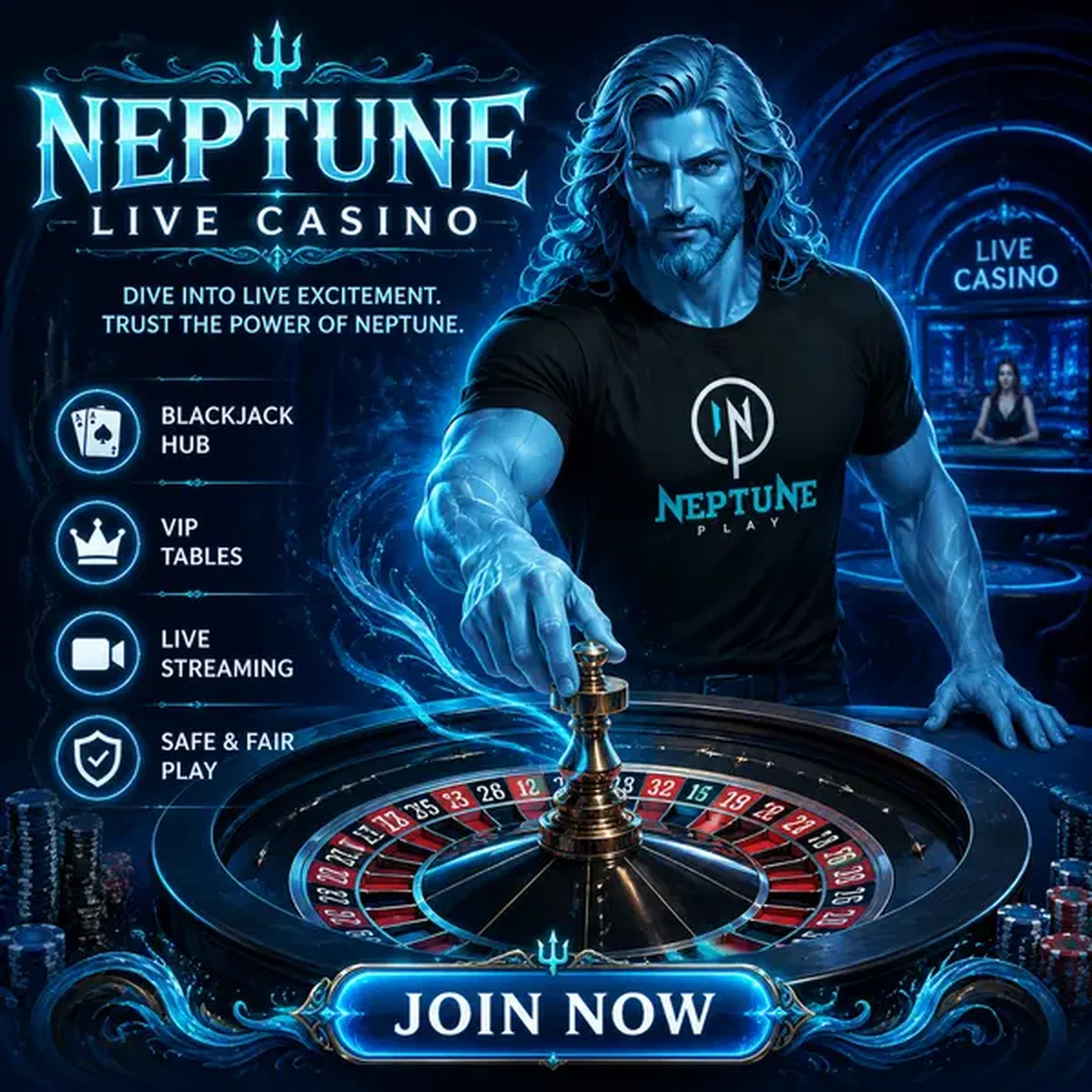 Neptune Play commanding the live dealer table with oceanic energy flowing around cards