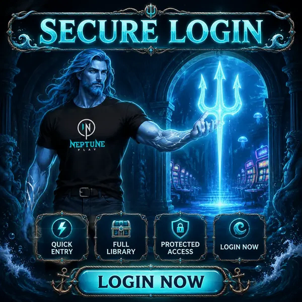 Neptune guiding secure login at Neptune Play with glowing trident portal