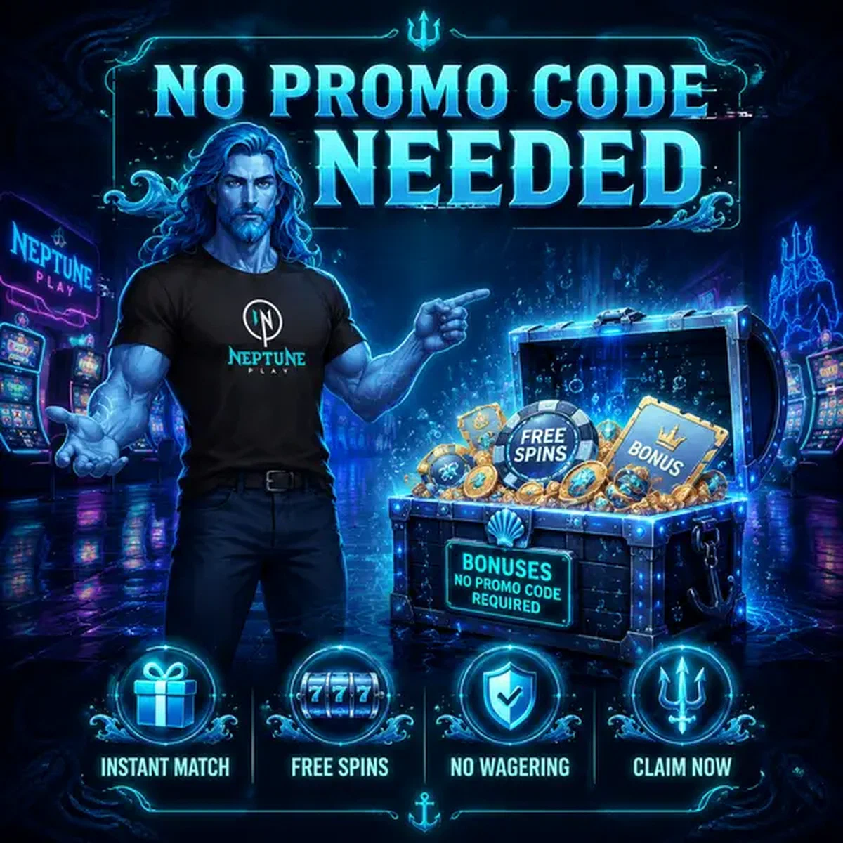 Neptune stands at the promo code portal welcoming players to Neptune Play Casino bonuses