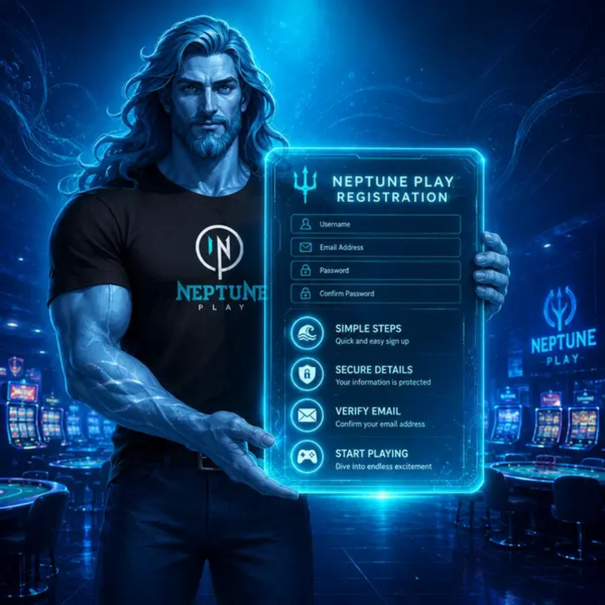 Neptune holding holographic tablet displaying Neptune Play registration steps in oceanic casino setting