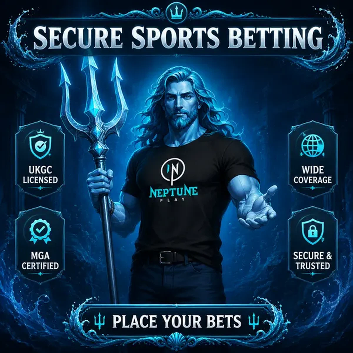 Neptune Play sportsbook arena with trident-wielding sea god ensuring secure betting