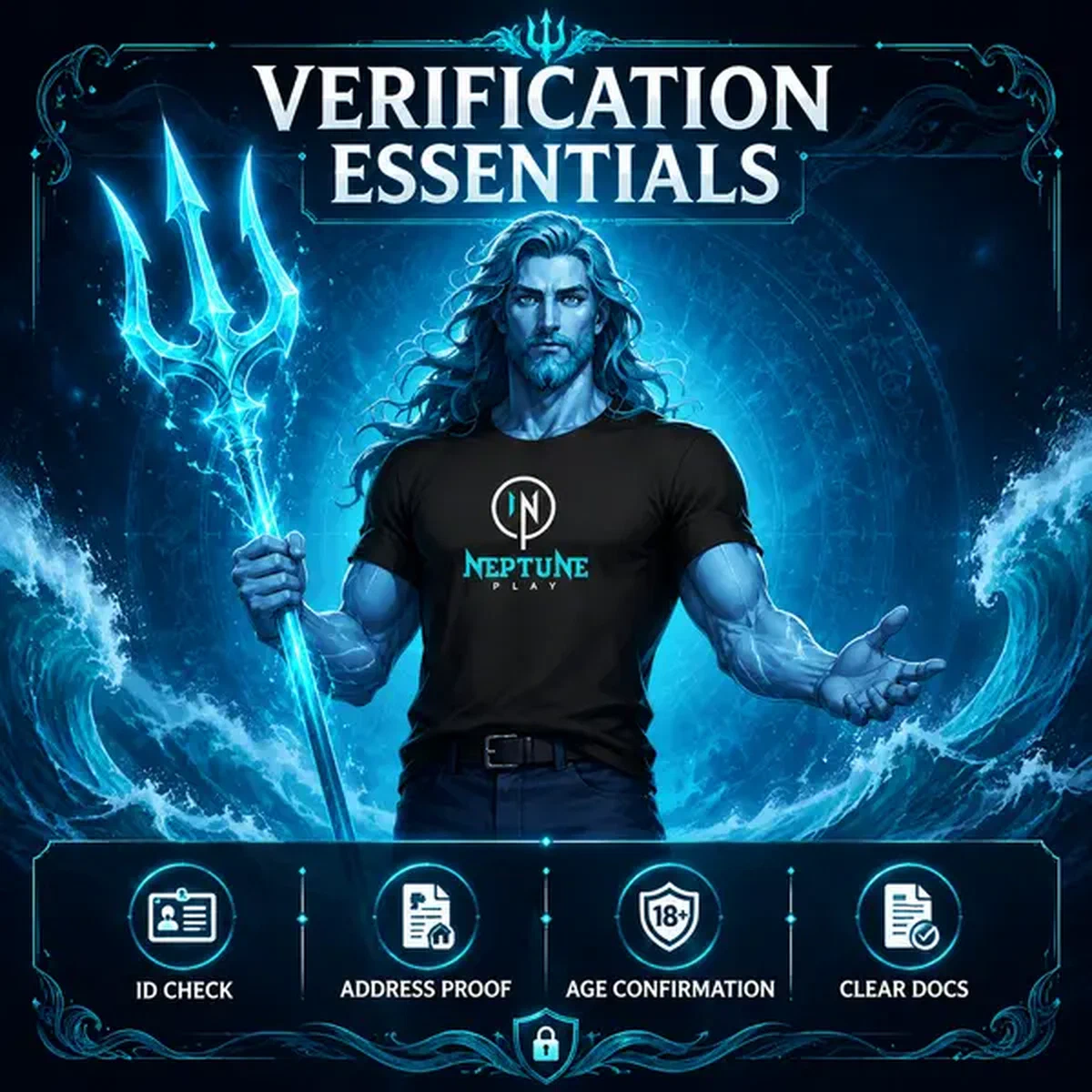Player verifying identity at Neptune Play with glowing security trident