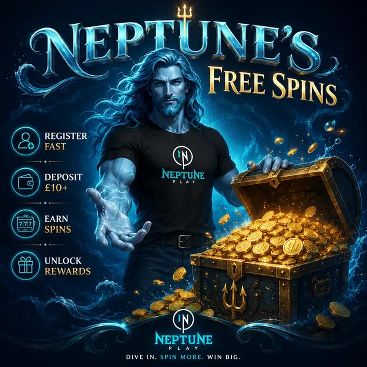 Neptune Play treasure chest overflowing with golden free spins and ocean rewards