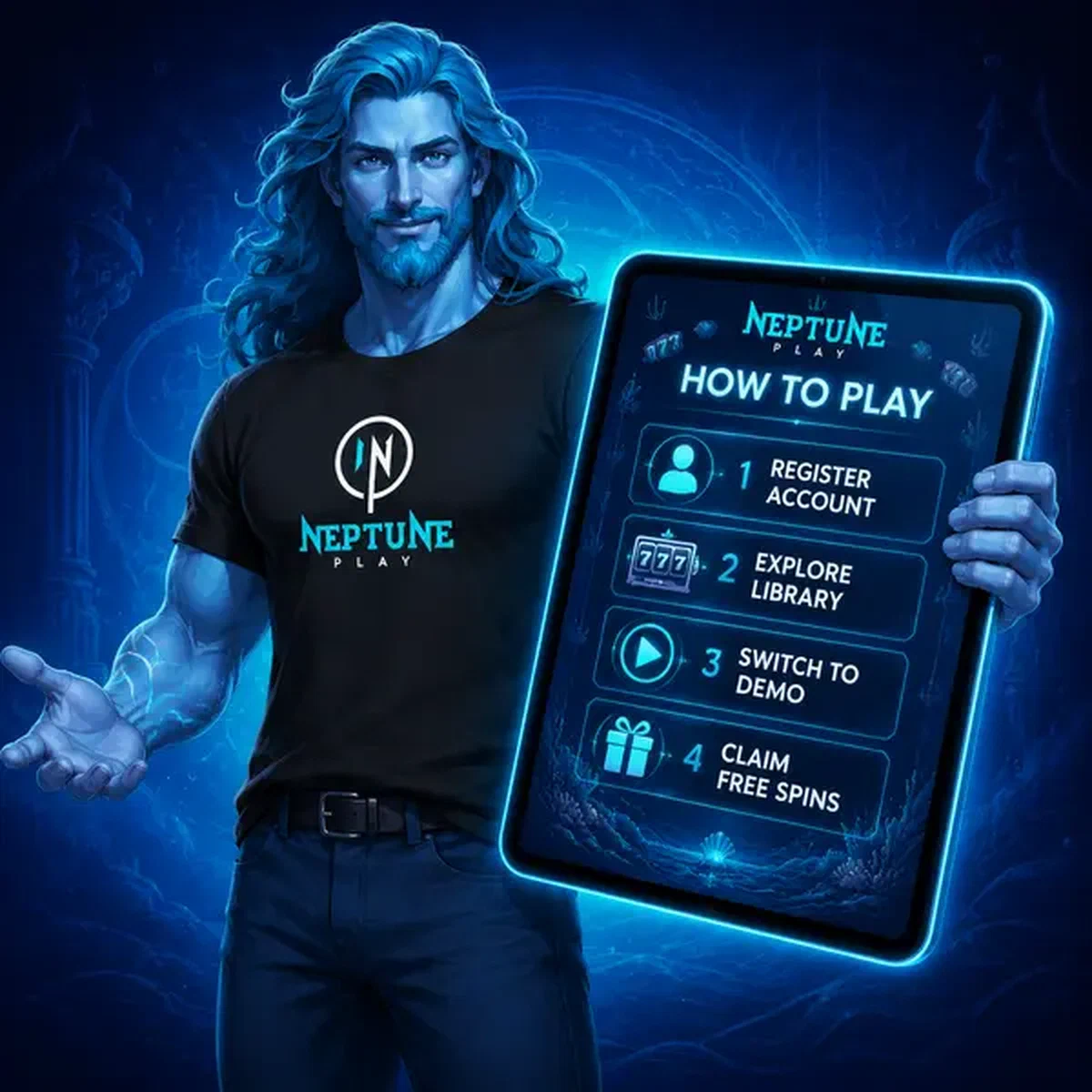 Neptune Play slots interface glowing as sea god demonstrates how to play slot games