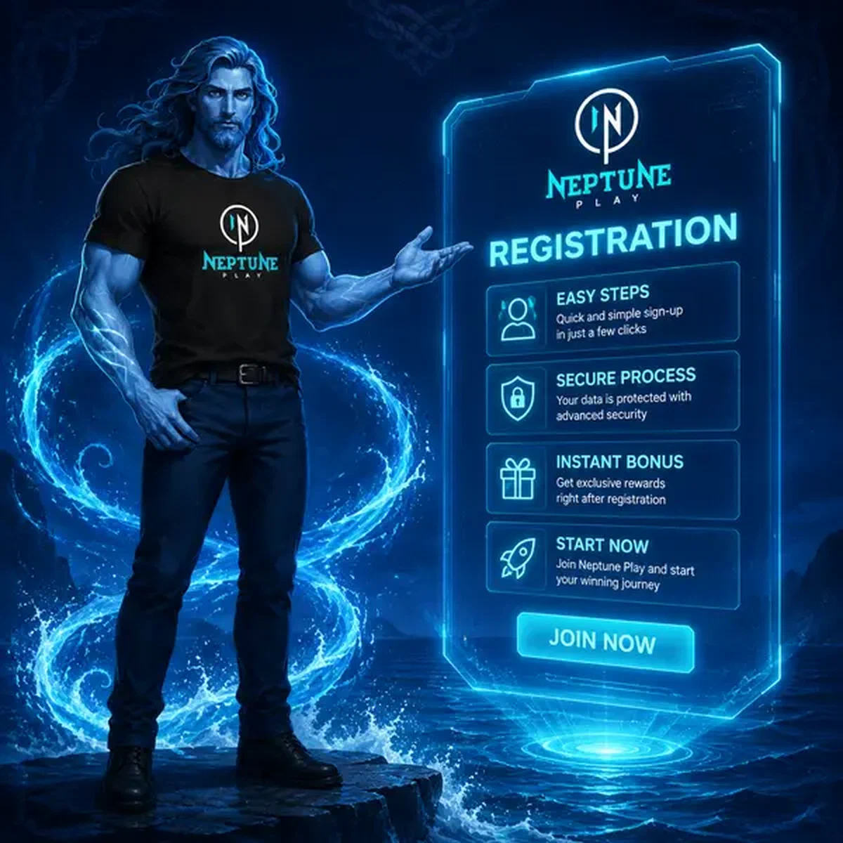 Neptune standing beside holographic screen showing promo code steps at Neptune Play Casino