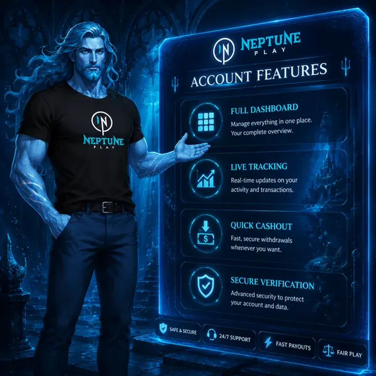Neptune commanding digital dashboard displaying Neptune Play account features with login access