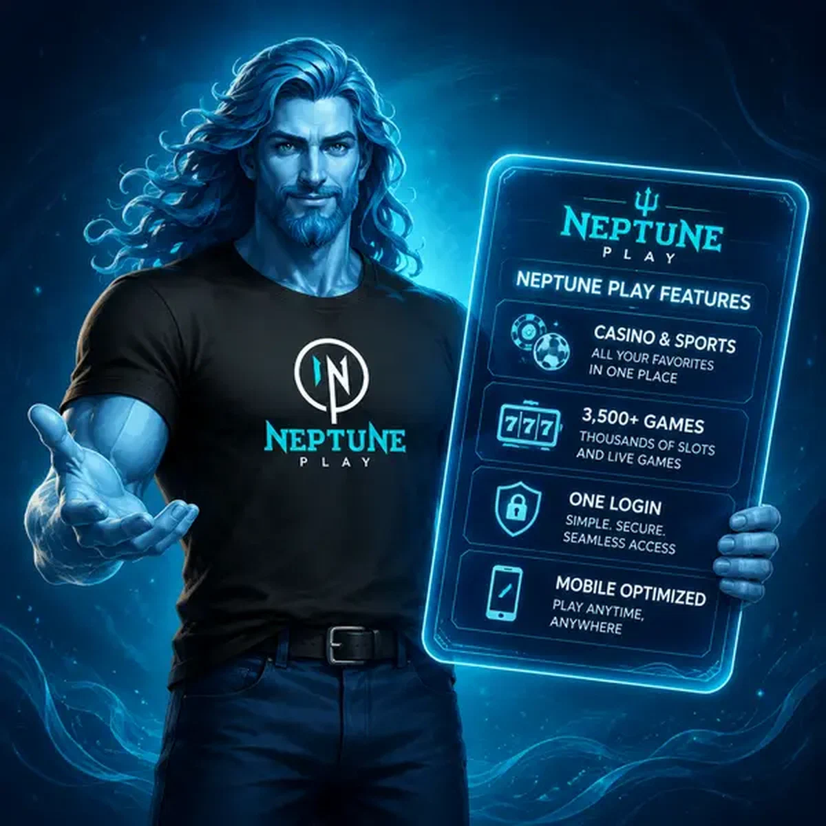 Neptune commanding holographic tablet showing Neptune Play App Features with casino games