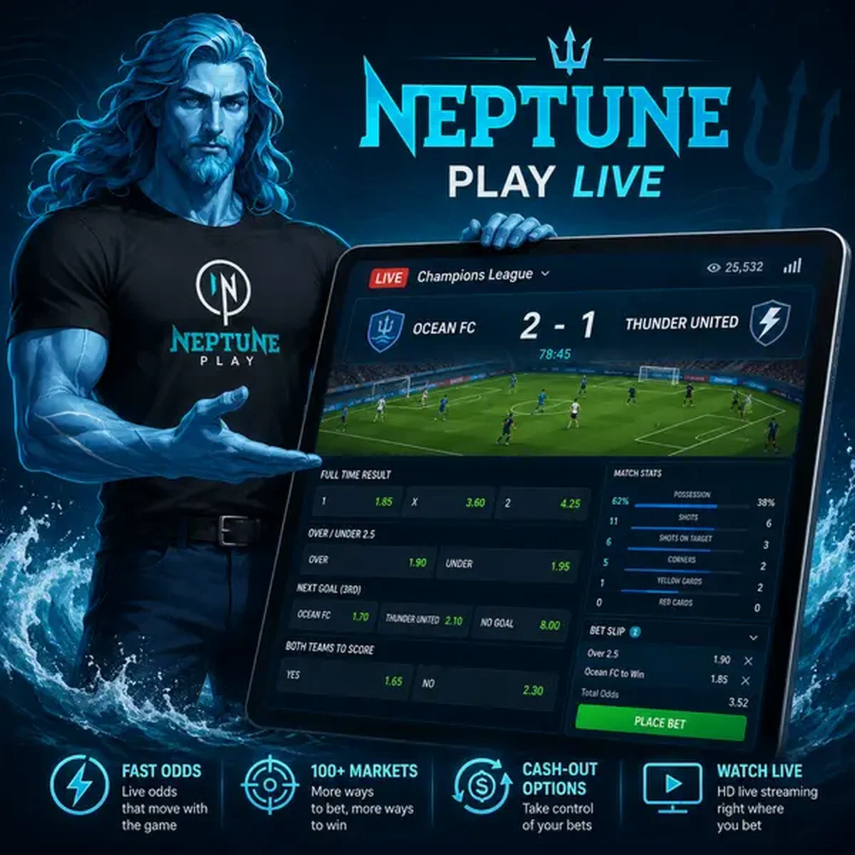 Neptune, the sea god, guides sports betting action on glowing tablet at Neptune Play Live Betting