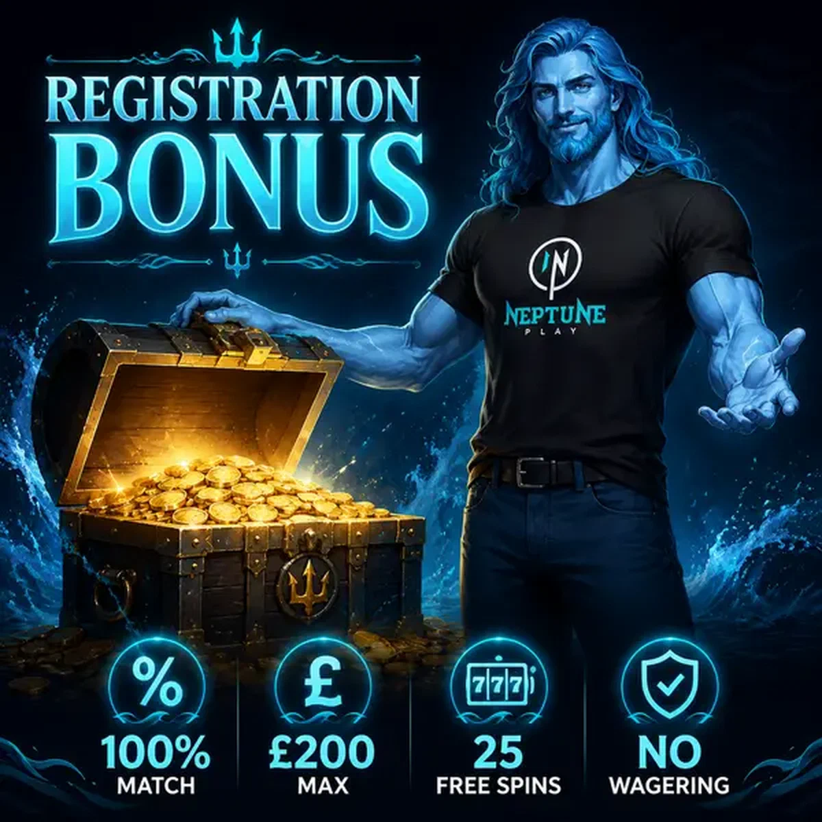 Neptune opening treasure chest at Neptune Play registration with gold coins spilling out