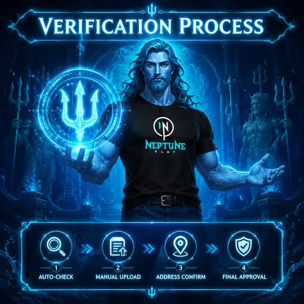 Neptune Play verification screen with glowing trident seal for identity check