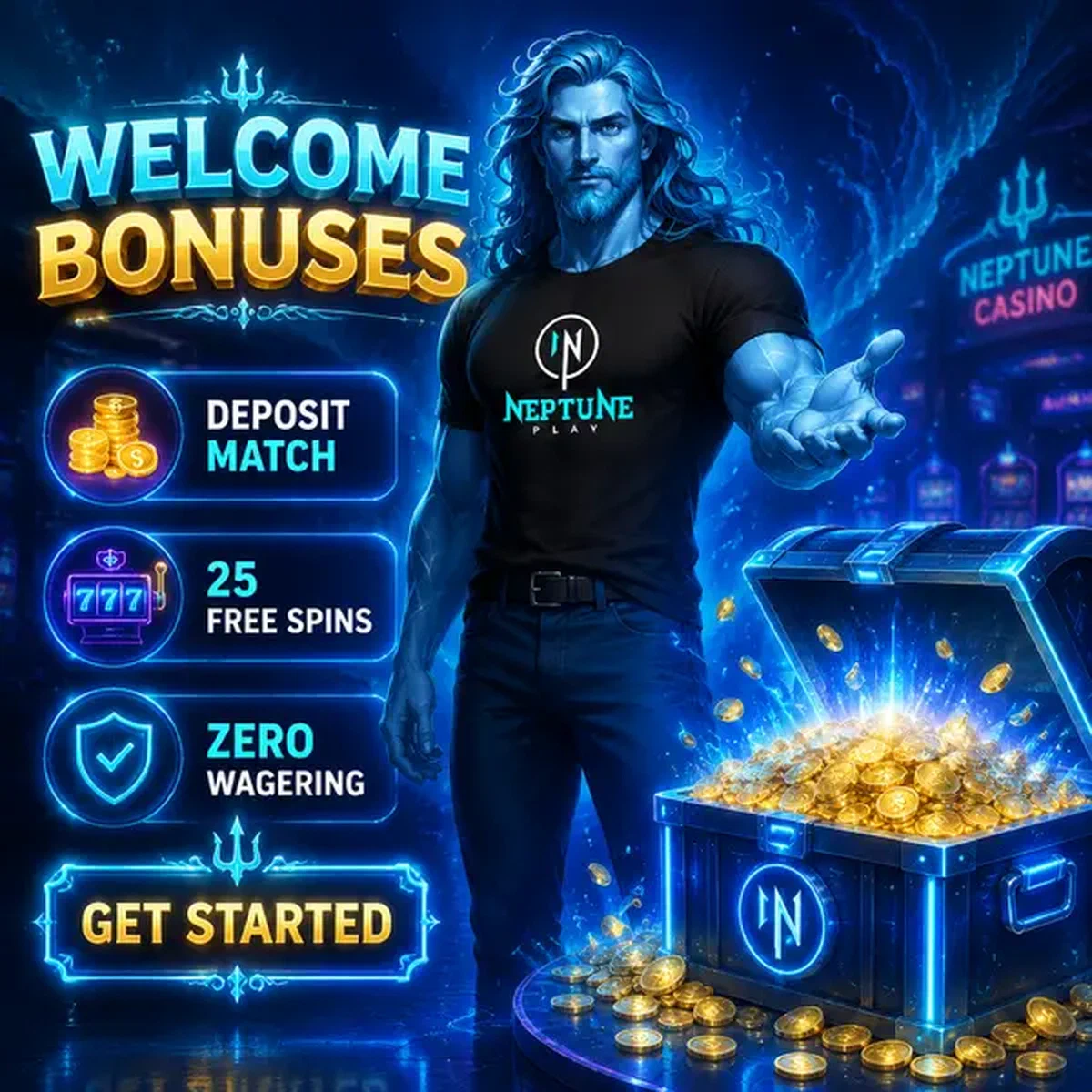 Neptune gesturing to treasure chest overflowing with Neptune Play welcome bonus coins