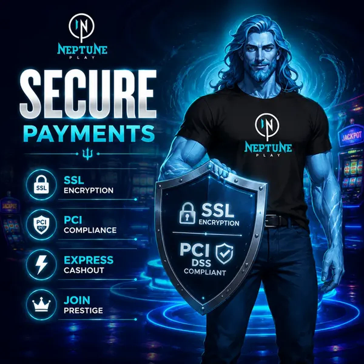 Neptune stands confidently holding security shield at Payment Methods with SSL encryption