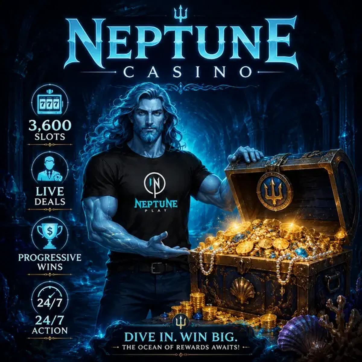 Neptune commanding treasure chest overflowing with coins at Neptune Play Casino games lobby