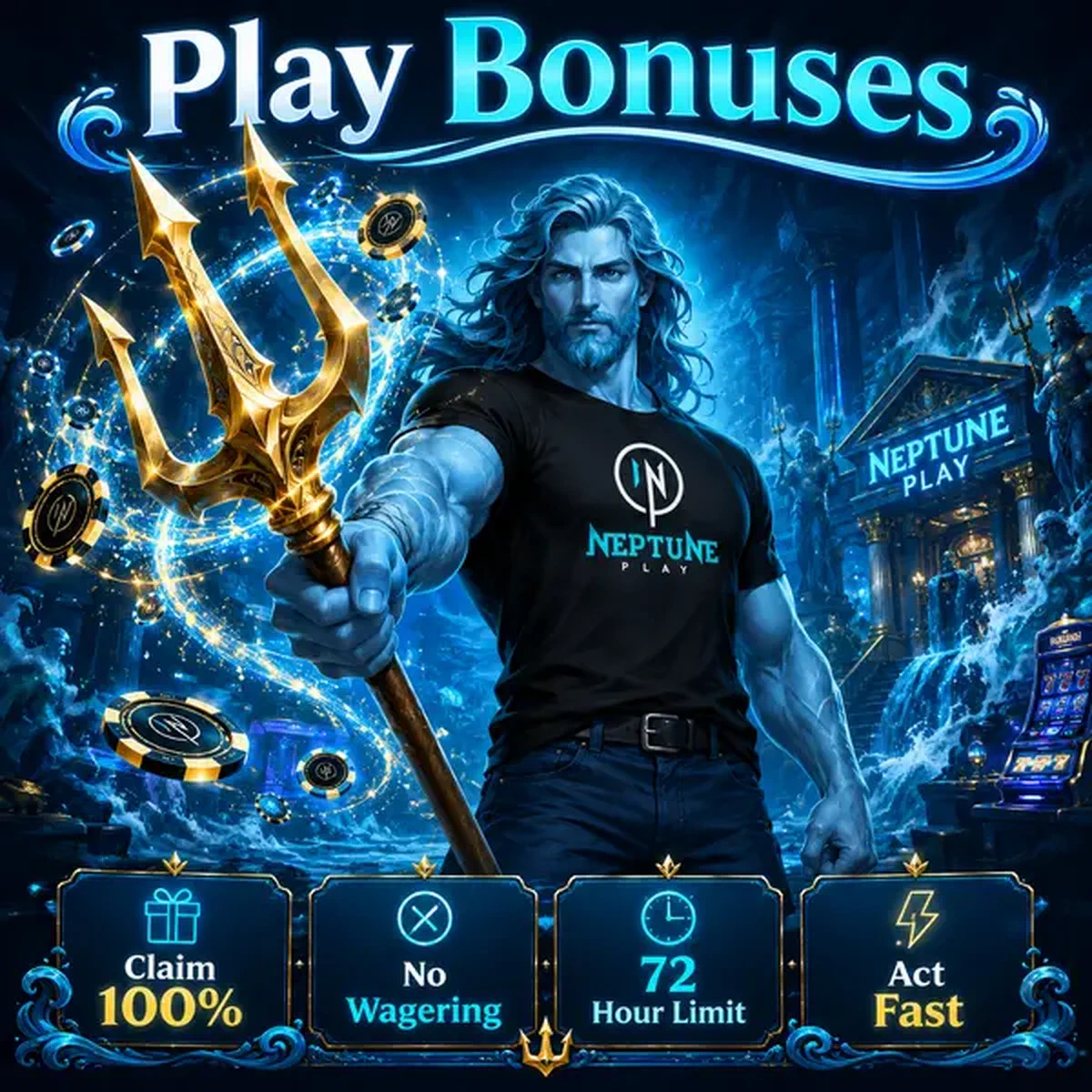 Neptune Play promotional display with golden bonus treasure and casino rewards