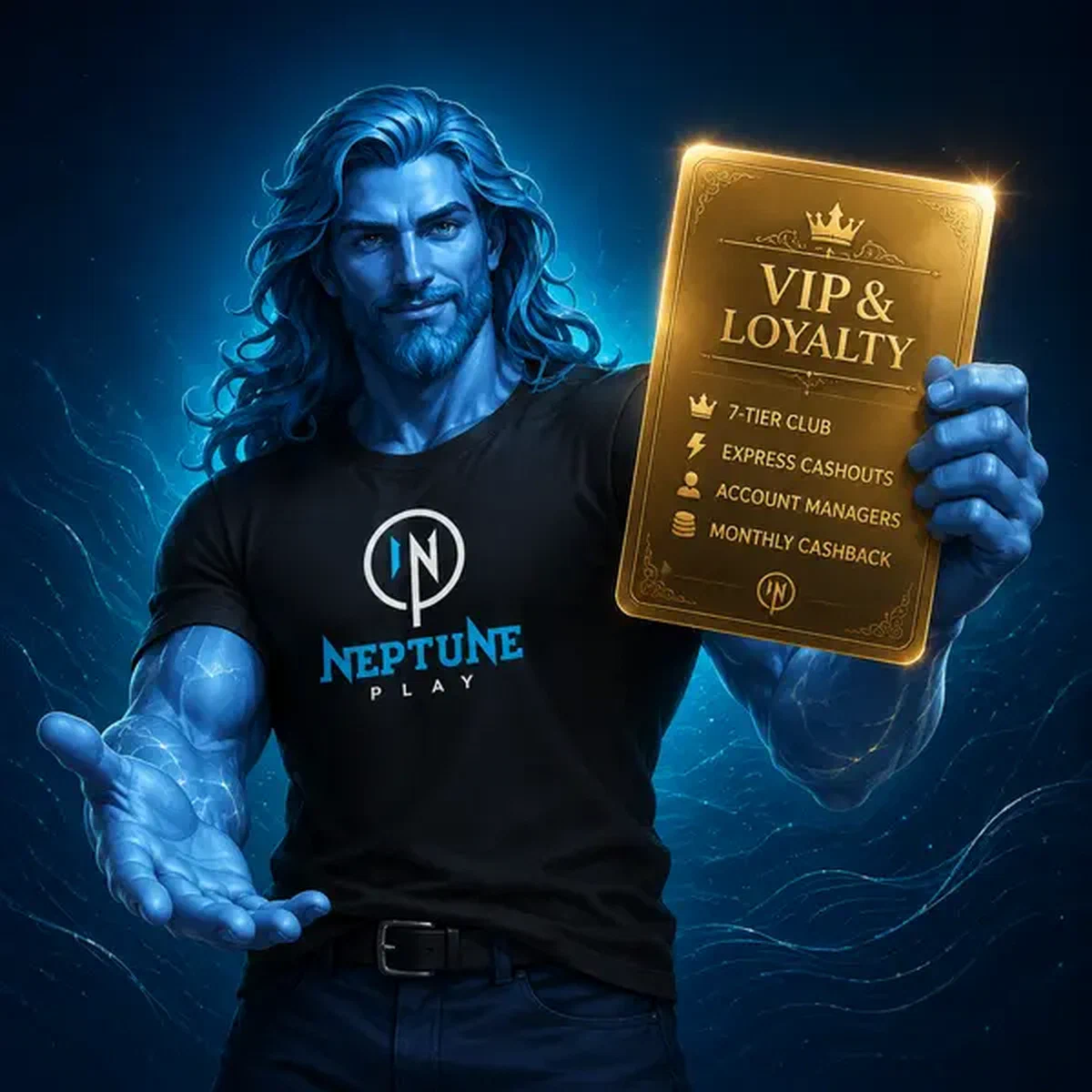 Neptune Play VIP loyalty program with golden card displaying exclusive tier benefits