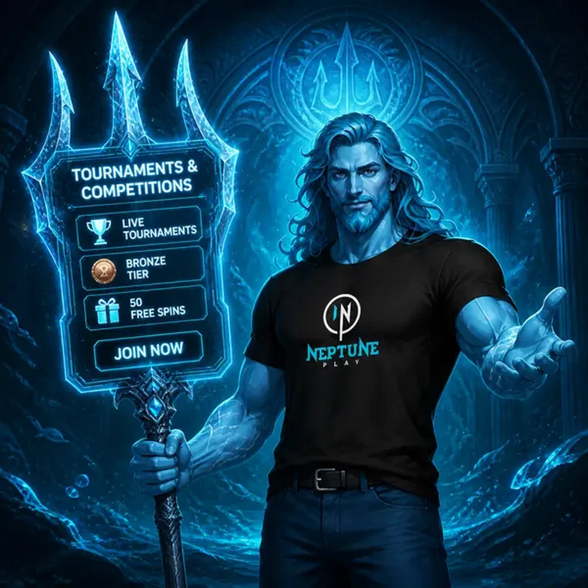 Neptune Play Tournaments with digital trident portal displaying live tournament options