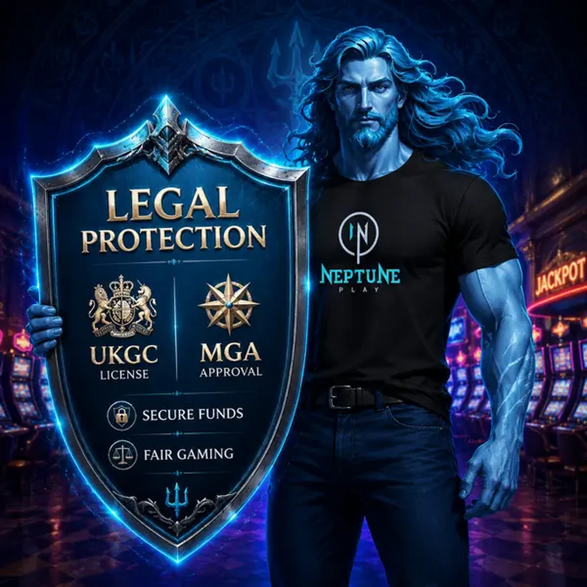 Neptune holding shield with UKGC and MGA seals at Licensing & Compliance secure gaming floor