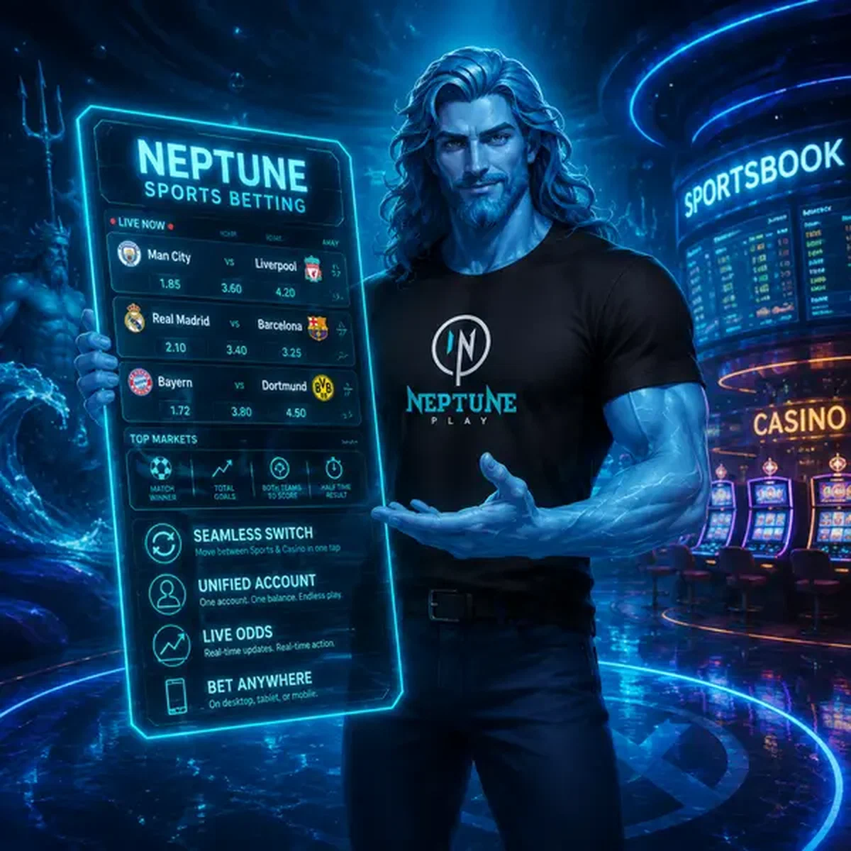 Neptune displaying sports betting odds on holographic tablet at Neptune Play Sports Betting