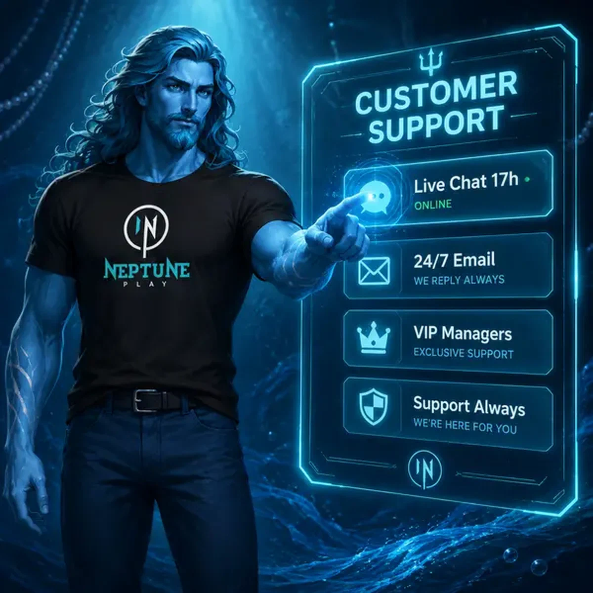 Neptune presenting digital Customer Support shield at protective service desk